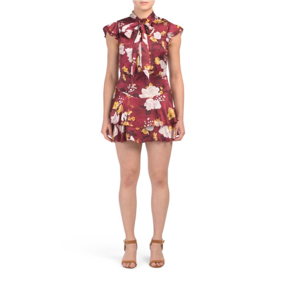 Silk Blend Tie Neck Ruffle Dress